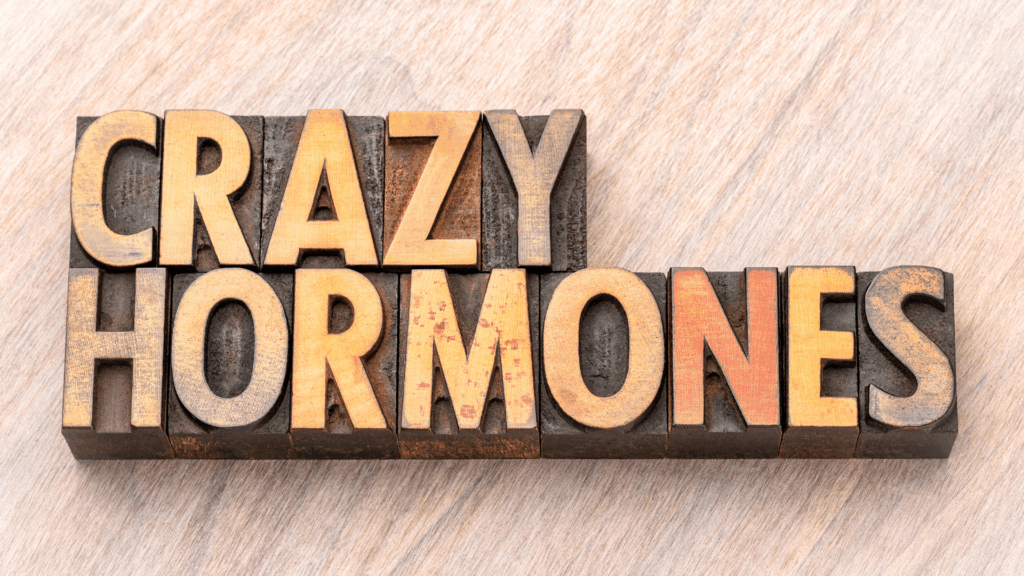 Eine Frau sitzt mitten im Alltag, lächelt nach außen und hält innerlich ein wild durcheinanderwirbelndes Hormon-Orchester aus Gedanken, Emotionen und Erschöpfung zusammen, auf der Suche nach ihrem Hormongleichgewicht.