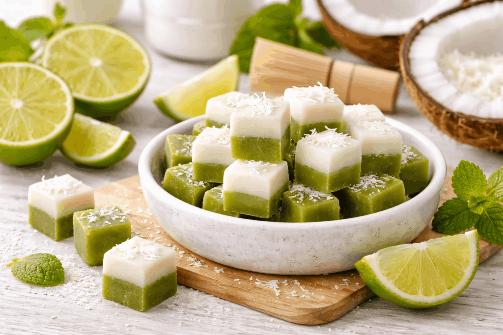 Matcha Kokos Limettenwürfel mit Agar Agar, vegan