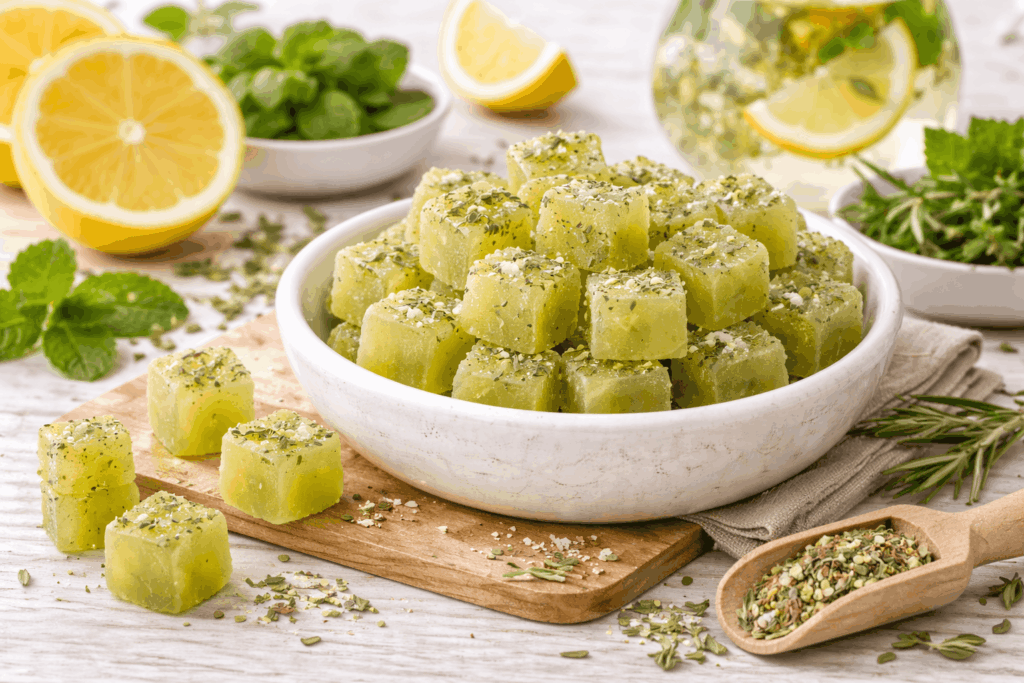 Gummibärchen aus Zitronenkräuter Reset-Würfel (Agar Agar, vegan)