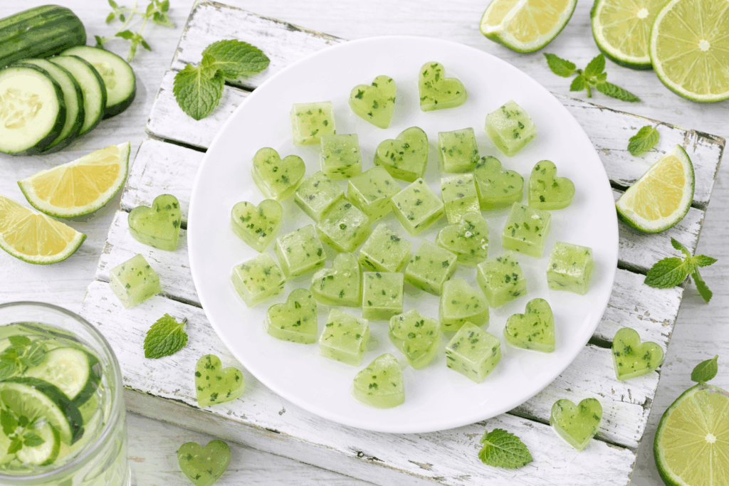 selbstgemachten Gummibärchen aus Gurke Limette Gummis mit Minze aus Agar Agar, vegan