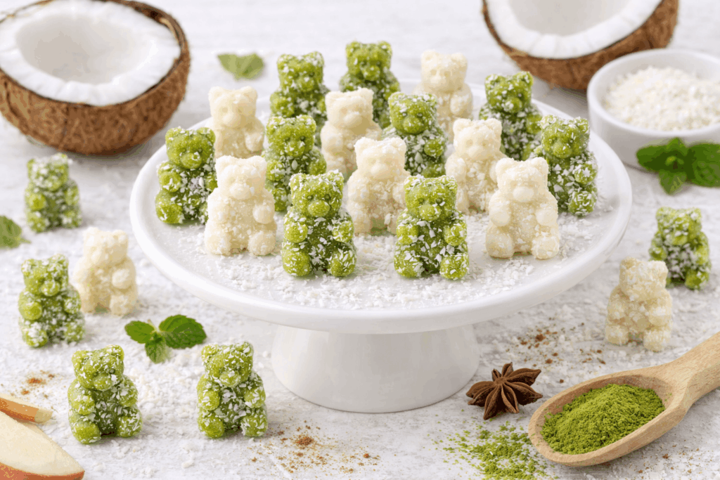 Selbstgemachte Gummibärli aus Kokos Matcha Gummibärli aus Agar Agar, vegan