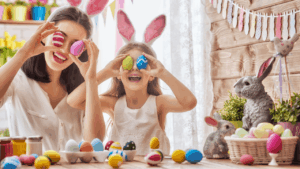 Ostern ohne Stress für Mütter. 7 schnelle Osterideen für Kinder, wenn Zeit und Energie fehlen. Einfache Vorbereitung, kleine Überraschungen, Slow Living Tipps und alltagstaugliche Lösungen für entspannte Feiertage.