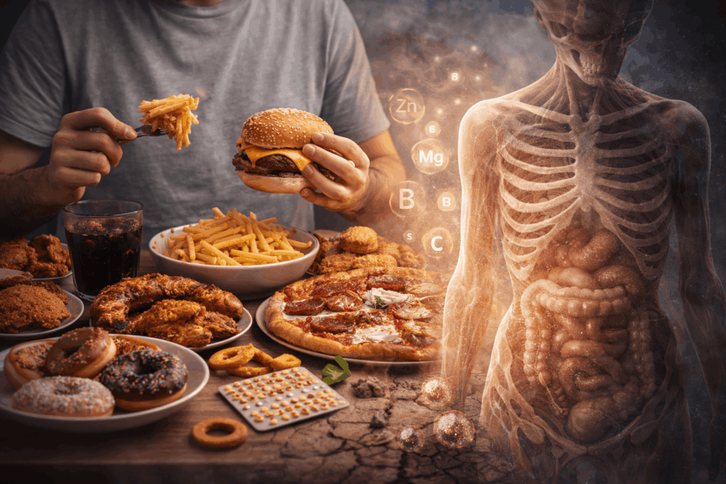 Man sitzt vor einem Tisch, der überquillt vor Burgern, Pommes, Pizza und süßen Snacks, während im Kontrast dazu ein durchscheinender Körper sichtbar wird, dessen Organe und Knochen einen inneren Mangel zeigen, begleitet von schwebenden Symbolen für fehlende Nährstoffe. Das Bild macht sichtbar, wie moderne Ernährung zwar satt macht, aber den Körper auf Zellebene unterversorgt zurücklässt und so das Gefühl von Erschöpfung und Ungleichgewicht verstärkt.