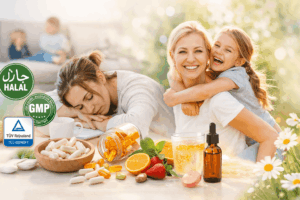 Müde Mutter und energiegeladene Mutter mit Nahrungsergänzungsmitteln und Vitaminen im Vergleich