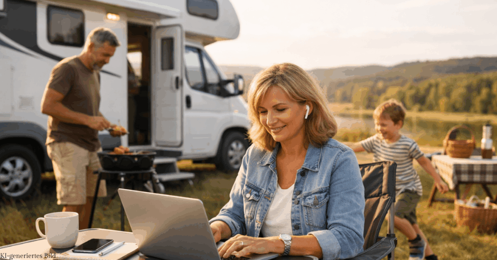 Spät-Mutter verbindet Wiedereinstieg ins Berufsleben mit Familienzeit im Wohnmobil. Arbeiten im Homeoffice in der Natur mit Kindern und Partner zeigt flexibles Arbeiten und Vereinbarkeit von Familie und Beruf.