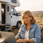 Spät-Mutter verbindet Wiedereinstieg ins Berufsleben mit Familienzeit im Wohnmobil. Arbeiten im Homeoffice in der Natur mit Kindern und Partner zeigt flexibles Arbeiten und Vereinbarkeit von Familie und Beruf.