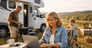 Spät-Mutter verbindet Wiedereinstieg ins Berufsleben mit Familienzeit im Wohnmobil. Arbeiten im Homeoffice in der Natur mit Kindern und Partner zeigt flexibles Arbeiten und Vereinbarkeit von Familie und Beruf.