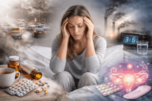 Erschöpfte Frau mit Kopfschmerzen im Bett, umgeben von Stress, Umweltbelastung und Medikamenten, Symbol für hormonelle Beschwerden, Endometriose und Dauererschöpfung im modernen Alltag.